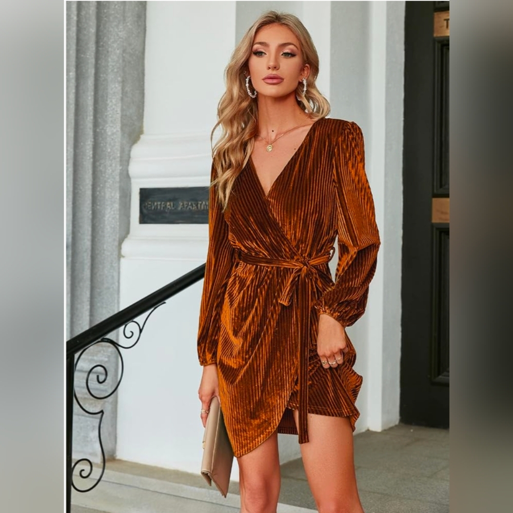 V-Neck Wrap Velvet Mini Dress in Burnt Orange
